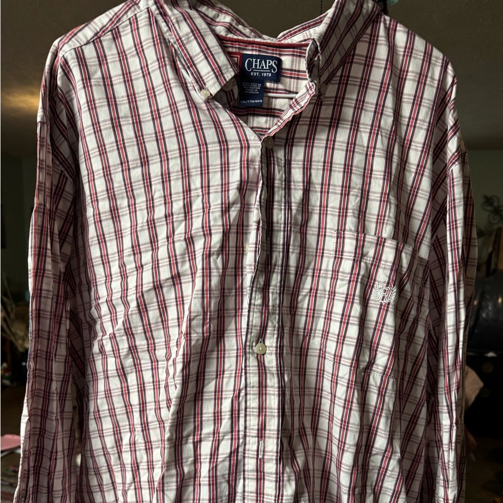 Chaps Men's Red and White Plaid Shirt